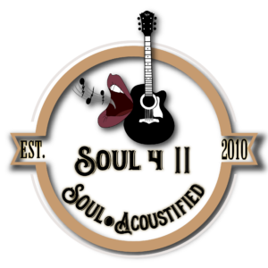 Soul 4 II Band logo.  Red lips with music notes coming out of it to represent a singer and a Black and white Taylor Acoustic Guitar with SOUL 4 2 Text underneath it.  All contained within a gold circle with text EST. 2010 to represent date the band was started and text Soul acoustified as caption at the bottom of the circle
